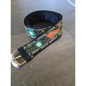 Embroidered Boho Statement Belt Black Multicolor Floral Folk Adjustable